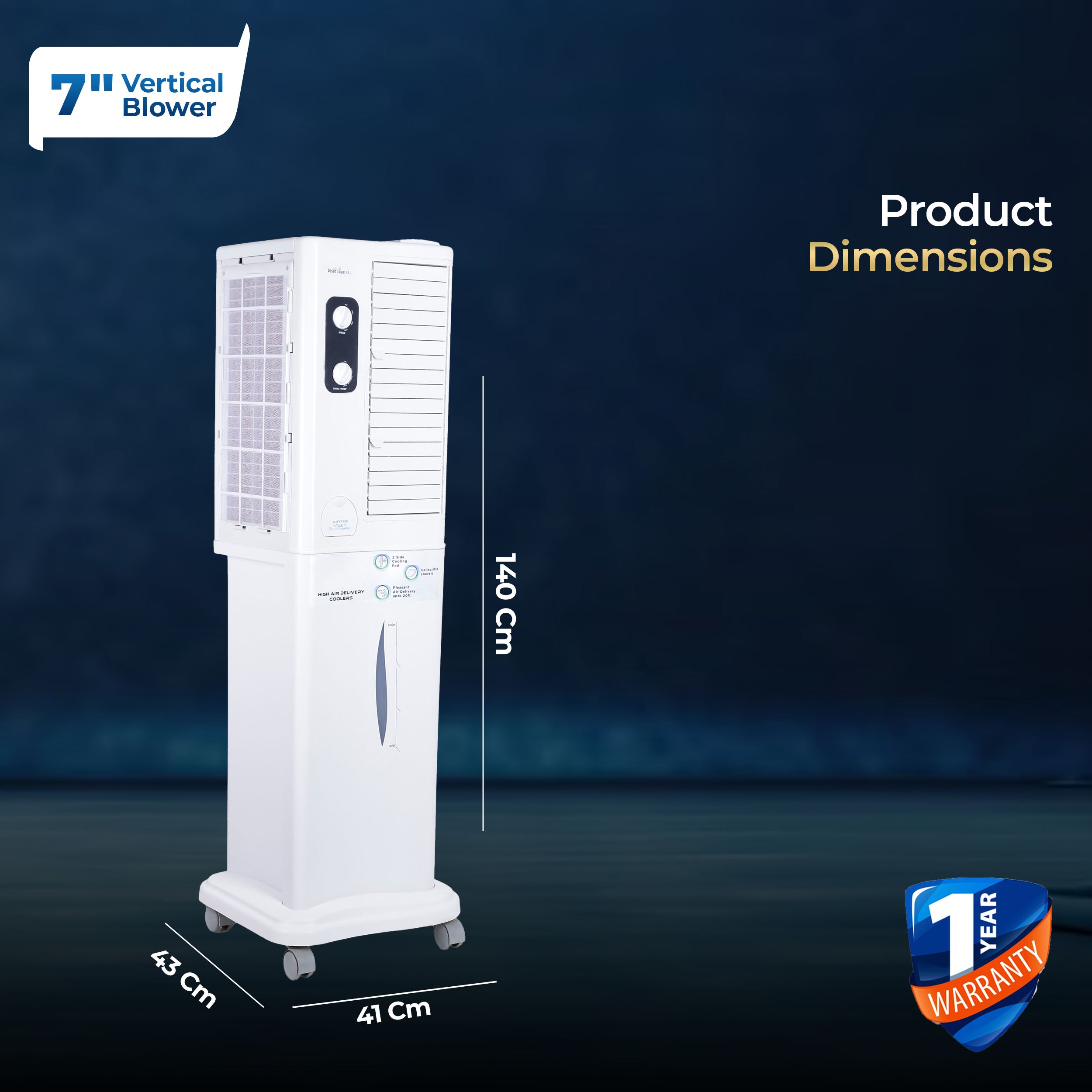 Desert Tower XXL Cooler with Powerful Vertical ABS Blower - 60 L, White