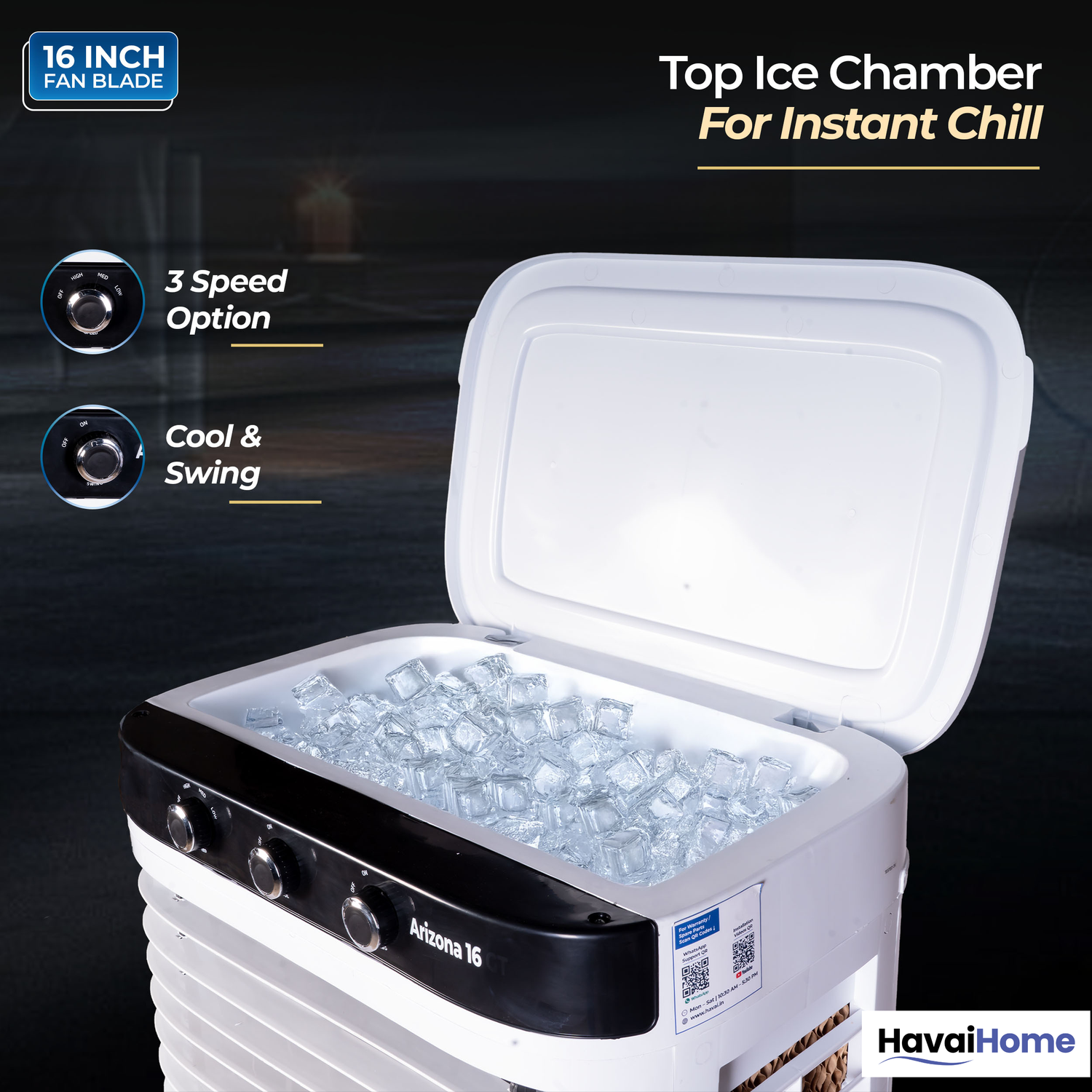 HAVAI Arizona 16 80L Desert Air Cooler with Ice Chamber | 16-Inch Aerodynamic Blade | 3-Side Thick Honeycomb Pads | 5 Castors for Extra Stability | 3300 m³/hr Air Delivery | 20 Ft Air Throw | 1 Year On-Site Warranty