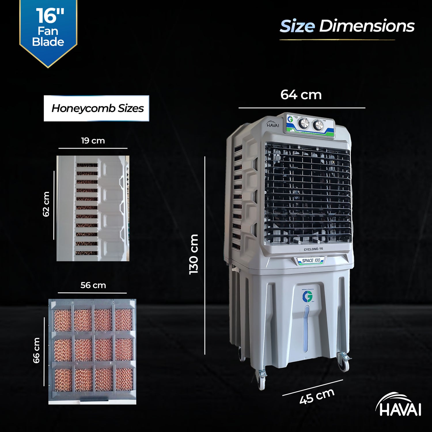 HAVAI Cyclone 16 Inch Desert Air Cooler | 16&quot; Fan Blade | 100L Tank Capacity | 500 Sq. Ft. Coverage | Auto Swing | Three Side Honeycomb Pads | Grey