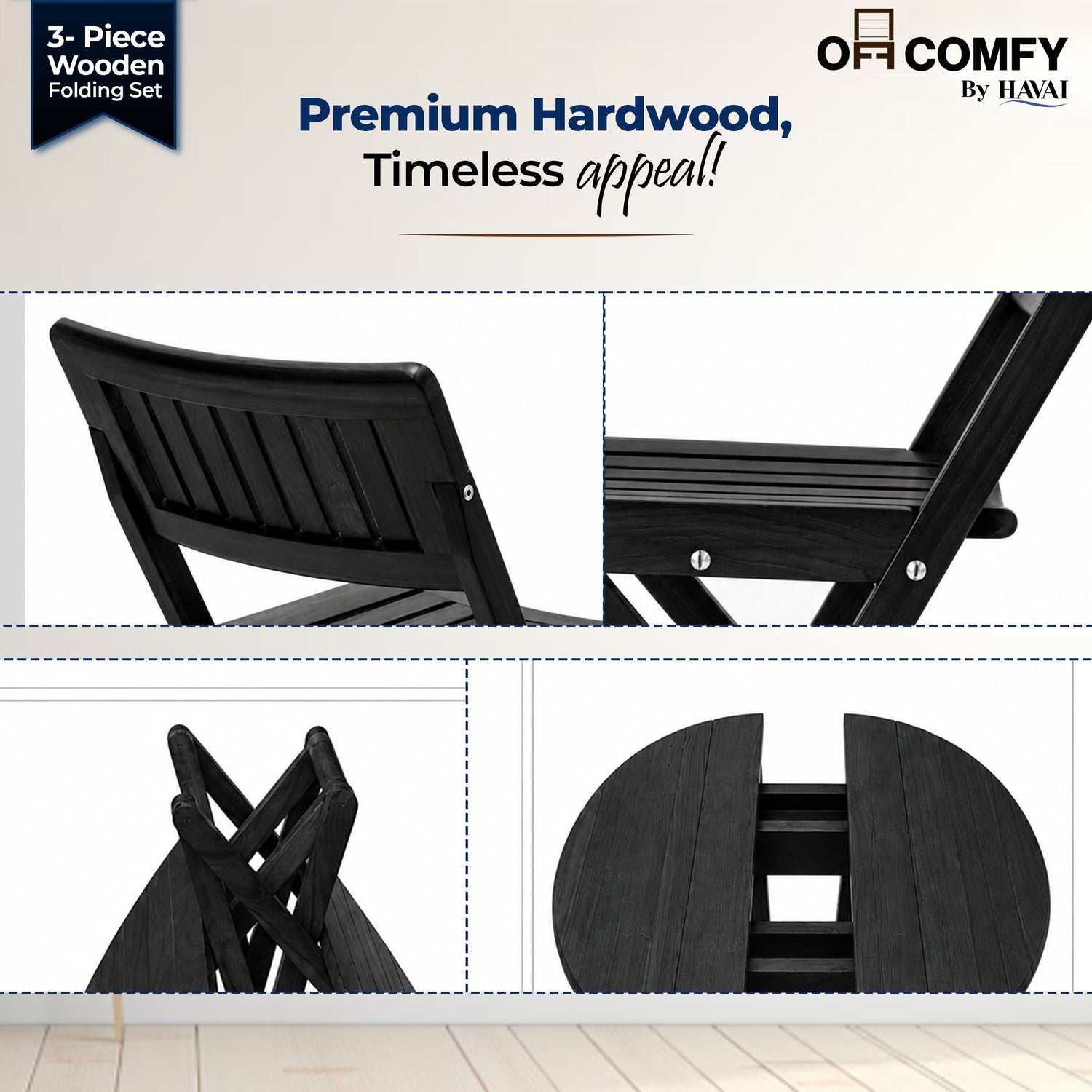 HAVAI Teakwood Foldable Balcony Furniture Set | 2 Chairs &amp; 1 Table | Premium Solid Teak Wood Outdoor Patio Set | Garden, Balcony, Terrace &amp; Cafe Furniture | Pre-Assembled Natural Wood Finish (BLACK)