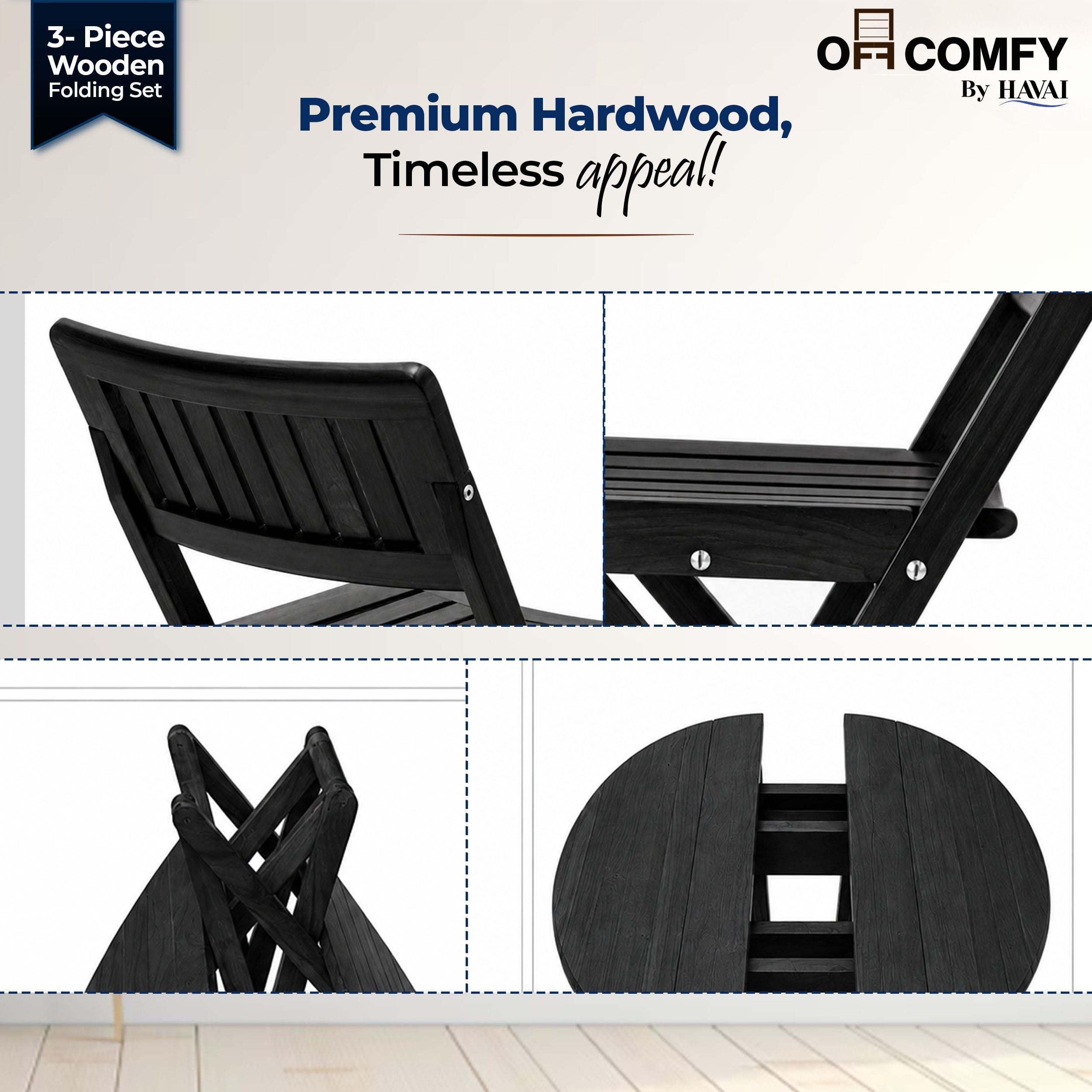 HAVAI Teakwood Foldable Balcony Furniture Set | 2 Chairs &amp; 1 Table | Premium Solid Teak Wood Outdoor Patio Set | Garden, Balcony, Terrace &amp; Cafe Furniture | Pre-Assembled Natural Wood Finish (BLACK)