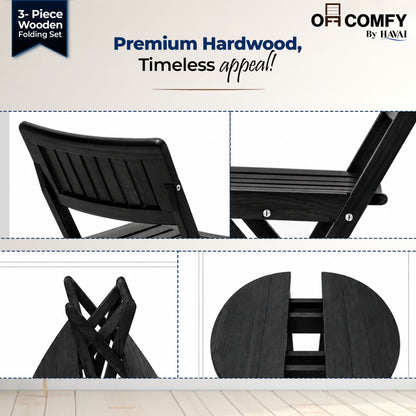 HAVAI Teakwood Foldable Balcony Furniture Set | 2 Chairs &amp; 1 Table | Premium Solid Teak Wood Outdoor Patio Set | Garden, Balcony, Terrace &amp; Cafe Furniture | Pre-Assembled Natural Wood Finish (BLACK)
