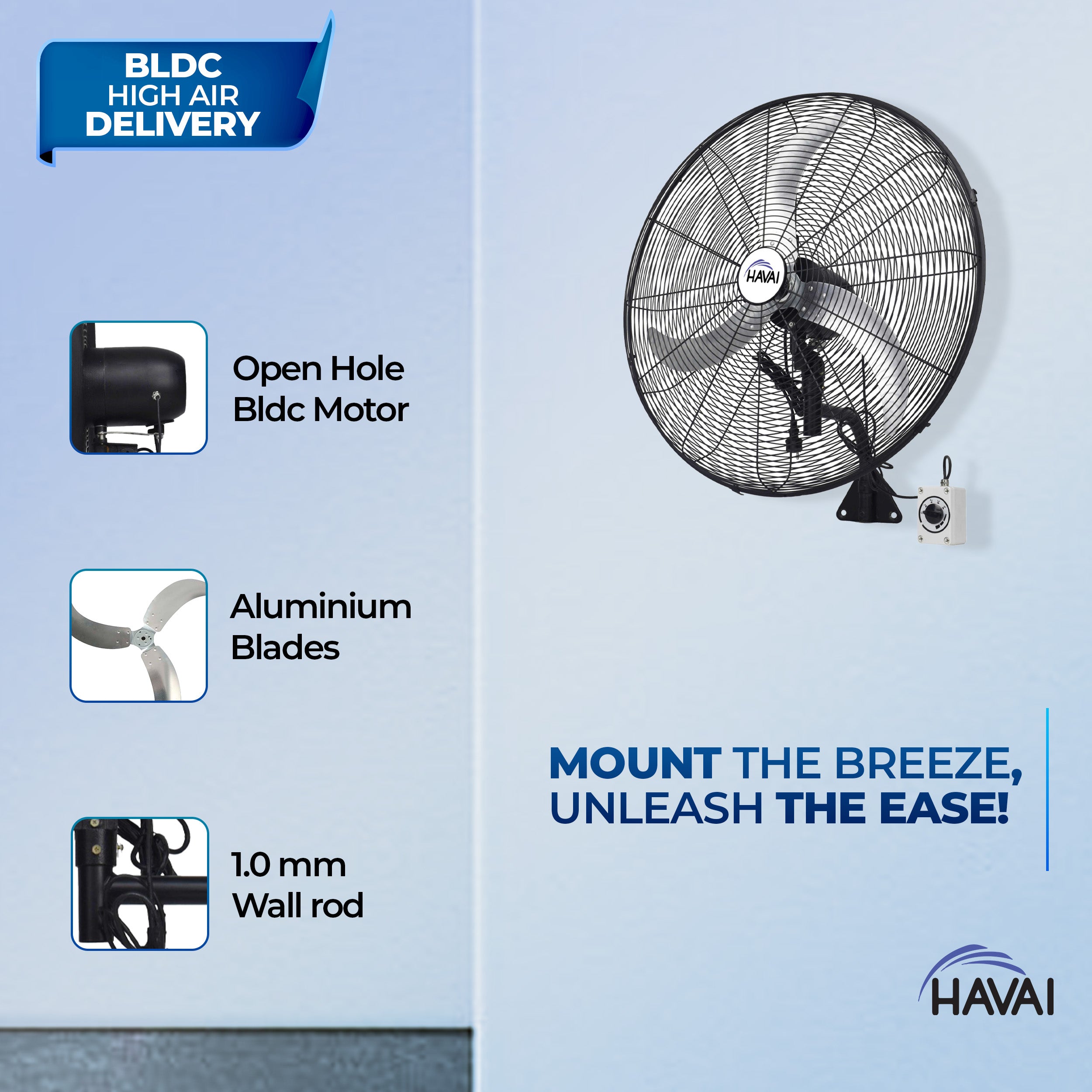 HAVAI 30&quot; BLDC High-Speed Wall-Mount Fan – 3-Blade Design, Energy Efficient (20W-135W), 700-1400 RPM, 18,000 M³/Hr Airflow, 75-Foot Air Throw, 4-Speed Control, 2-Year Warranty