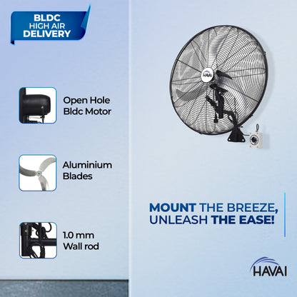 HAVAI 30&quot; BLDC High-Speed Wall-Mount Fan – 3-Blade Design, Energy Efficient (20W-135W), 700-1400 RPM, 18,000 M³/Hr Airflow, 75-Foot Air Throw, 4-Speed Control, 2-Year Warranty