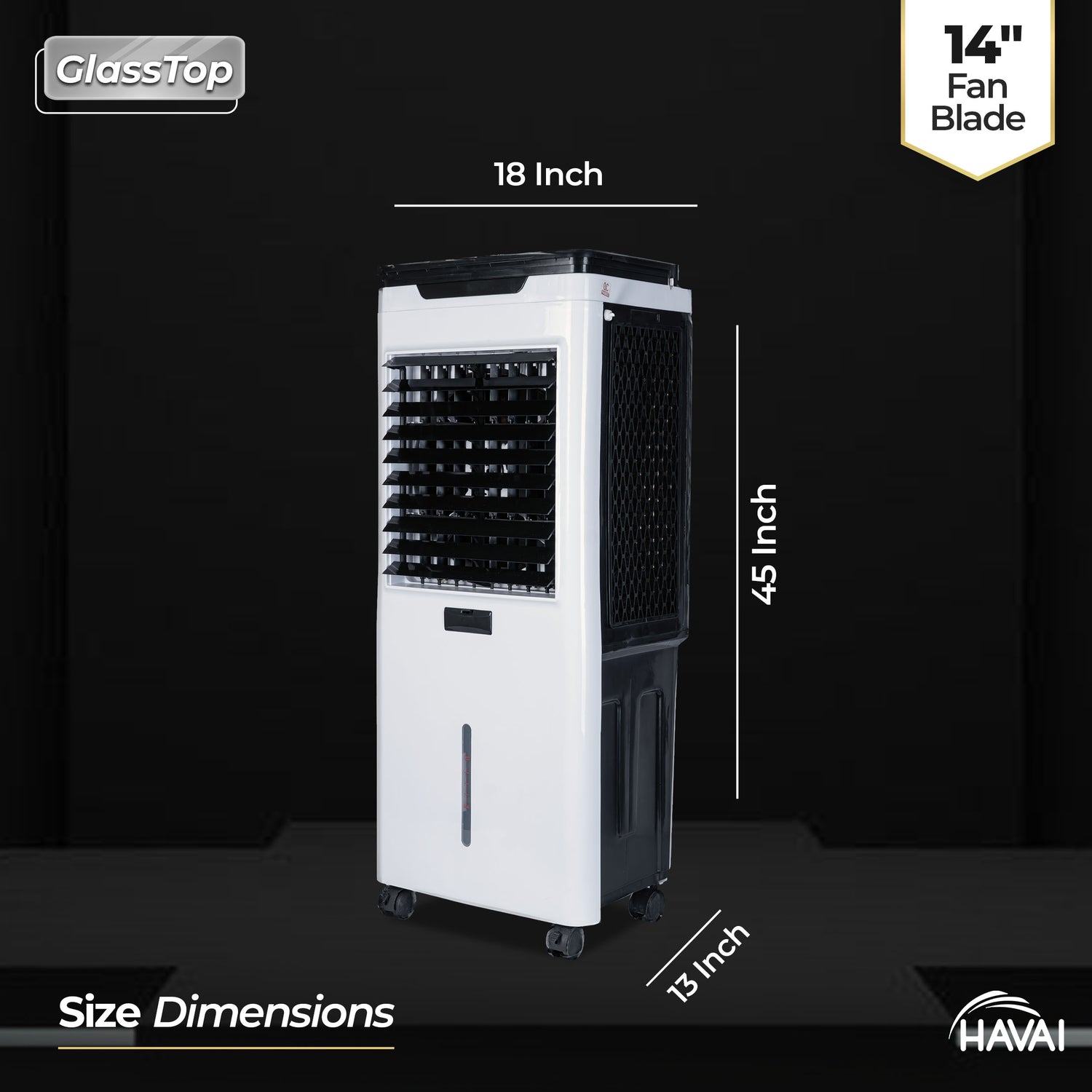 HAVAI Premium Glass Top GT 14 Air Cooler | 60L Tank Capacity | 14&quot; Fan Blade | 170W Power | 20ft Air Throw | 3-Side Honeycomb Cooling | Sleek Glass Top Design | 4 Castor Wheels