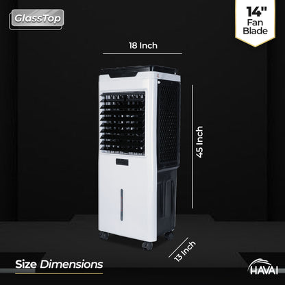 HAVAI Premium Glass Top GT 14 Air Cooler | 60L Tank Capacity | 14&quot; Fan Blade | 170W Power | 20ft Air Throw | 3-Side Honeycomb Cooling | Sleek Glass Top Design | 4 Castor Wheels