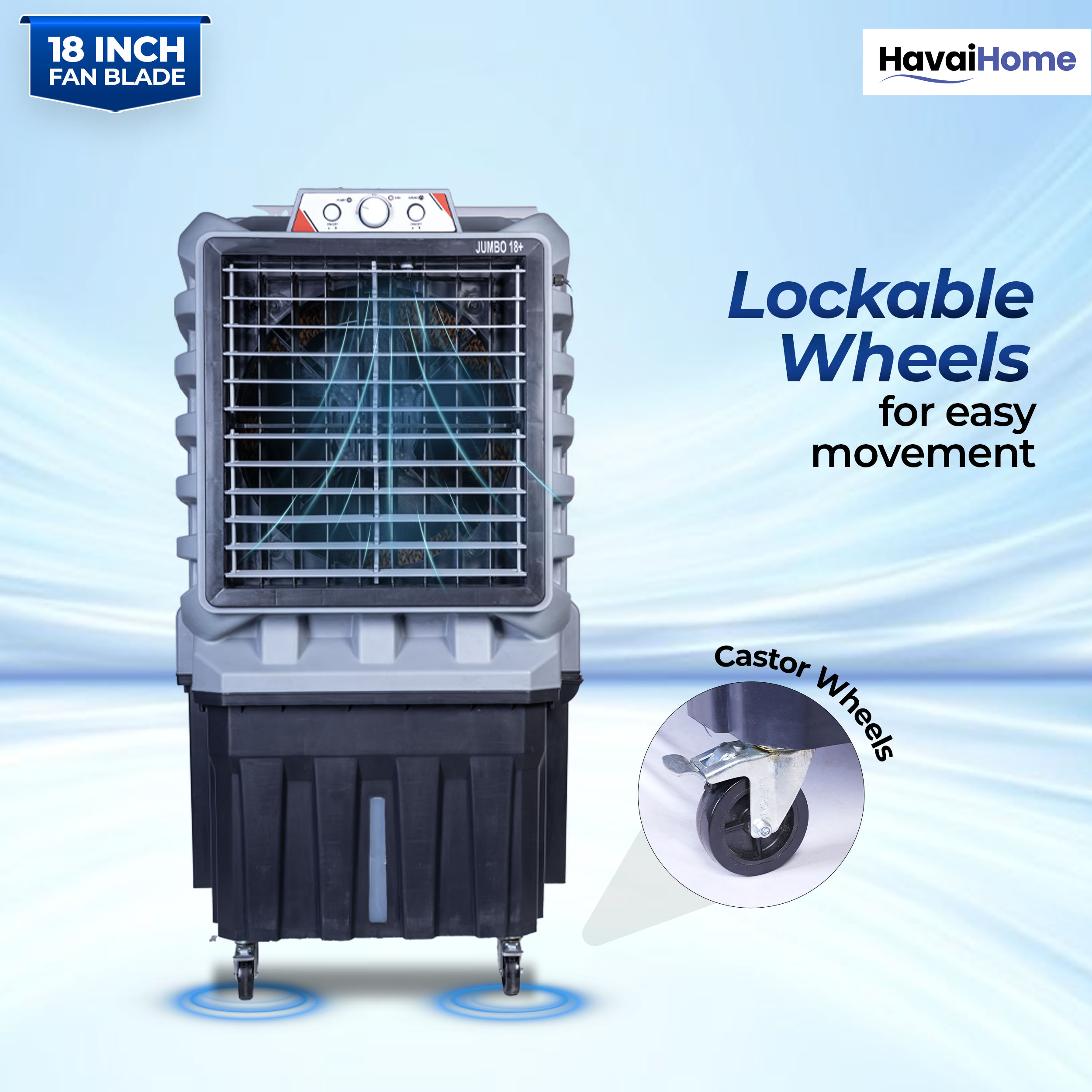 HAVAI Jumbo 18+ Massey Desert Cooler | 150L | 18-Inch Fan | Heavy-Duty 41mm Motor | 3-Side Honeycomb Pads | Auto Swing | Castor Wheels | 230V, 280W | White &amp; Grey