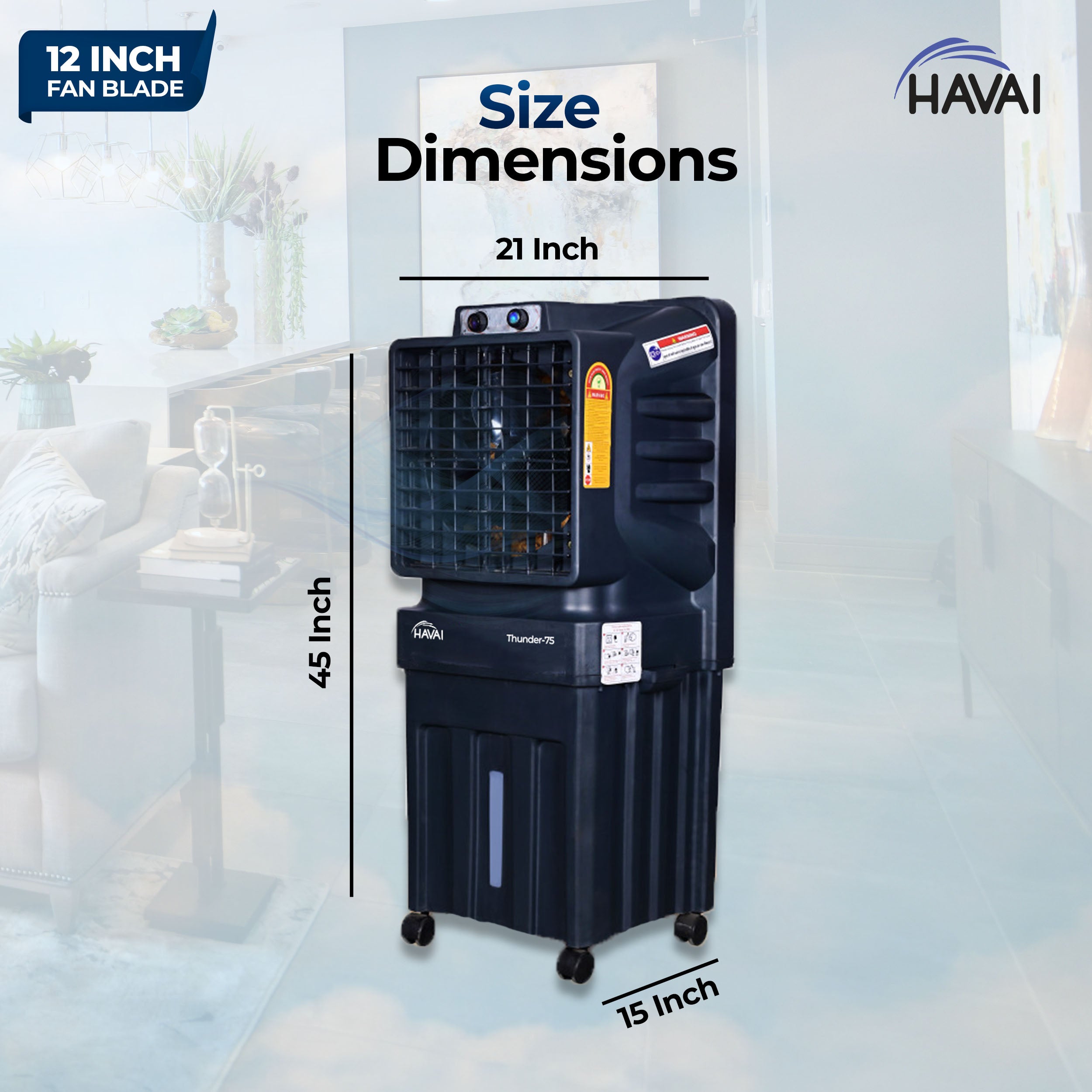 HAVAI Thunder-75 Tower Air Cooler | 70L Tank | 12″ Blade | Ideal for 150 sq ft Rooms | 130W Power | 10 ft Air Throw | 1350 RPM | Auto-Louver | 3-Speed | 1-Year On-Site Motor Warranty (Black)