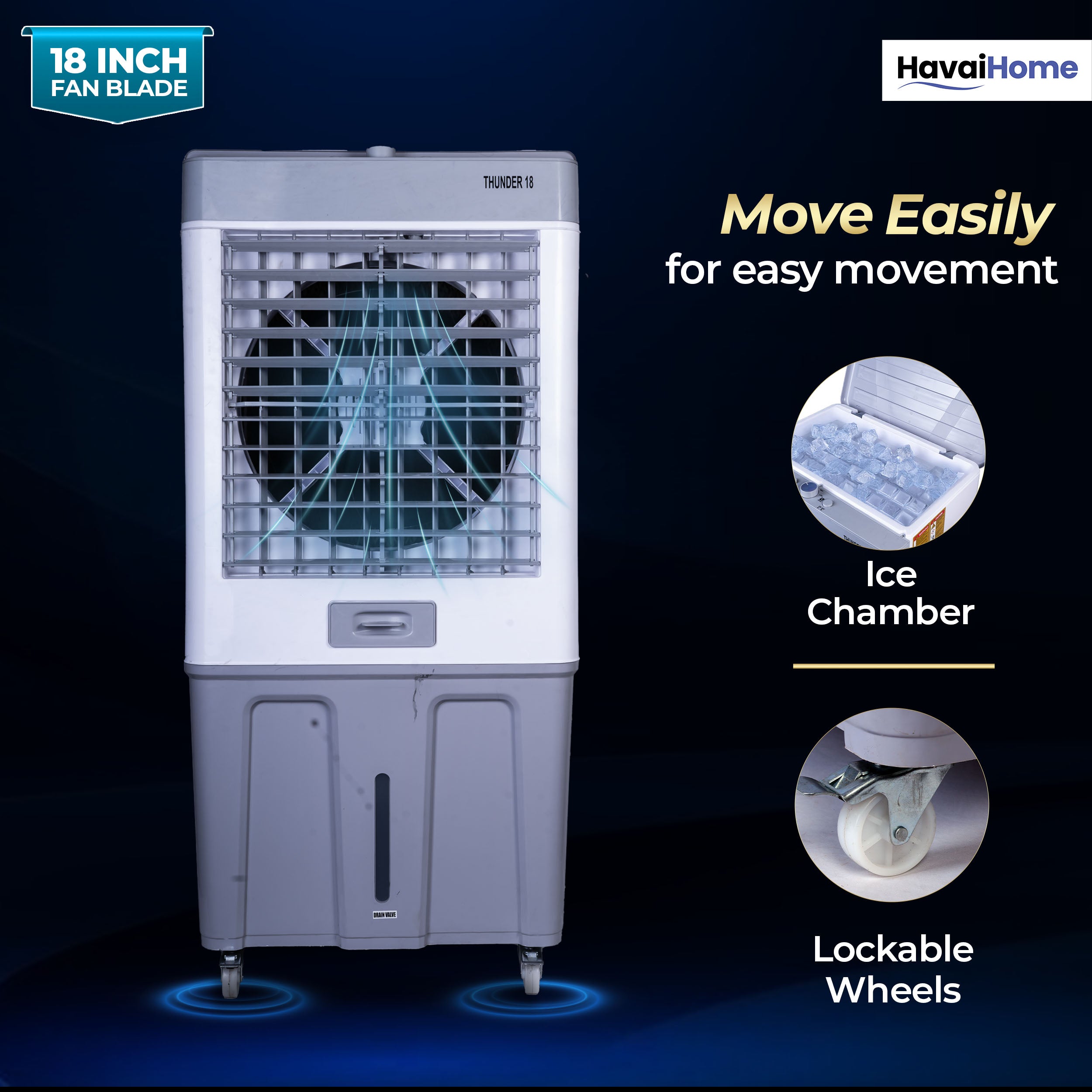 HAVAI Thunder 18 Desert Cooler | 18” Heavy-Duty Aluminium Fan Blade | 110 Dia 35mm Powerful Motor | Auto Swing | 3-Side Honeycomb Pads | 20 Ft Air Throw | 100L Tank | 1-Year Motor Warranty + Post-Warranty Support | White &amp; Grey
