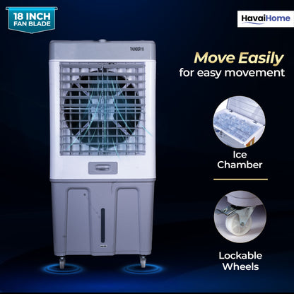 HAVAI Thunder 18 Desert Cooler | 18” Heavy-Duty Aluminium Fan Blade | 110 Dia 35mm Powerful Motor | Auto Swing | 3-Side Honeycomb Pads | 20 Ft Air Throw | 100L Tank | 1-Year Motor Warranty + Post-Warranty Support | White &amp; Grey