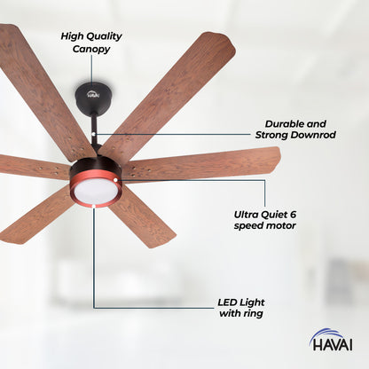 HAVAI Spinel BLDC Ceiling Fan with Decorative Ring | 1200mm, 6 Blades, 25W | Remote Control &amp; 9W LED Light | 2 Years Warranty | Smoke Brown