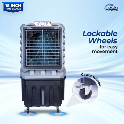 HAVAI Jumbo 18+ Massey Desert Cooler | 150L | 18-Inch Fan | Heavy-Duty 41mm Motor | 3-Side Honeycomb Pads | Auto Swing | Castor Wheels | 230V, 110W | White &amp; Grey