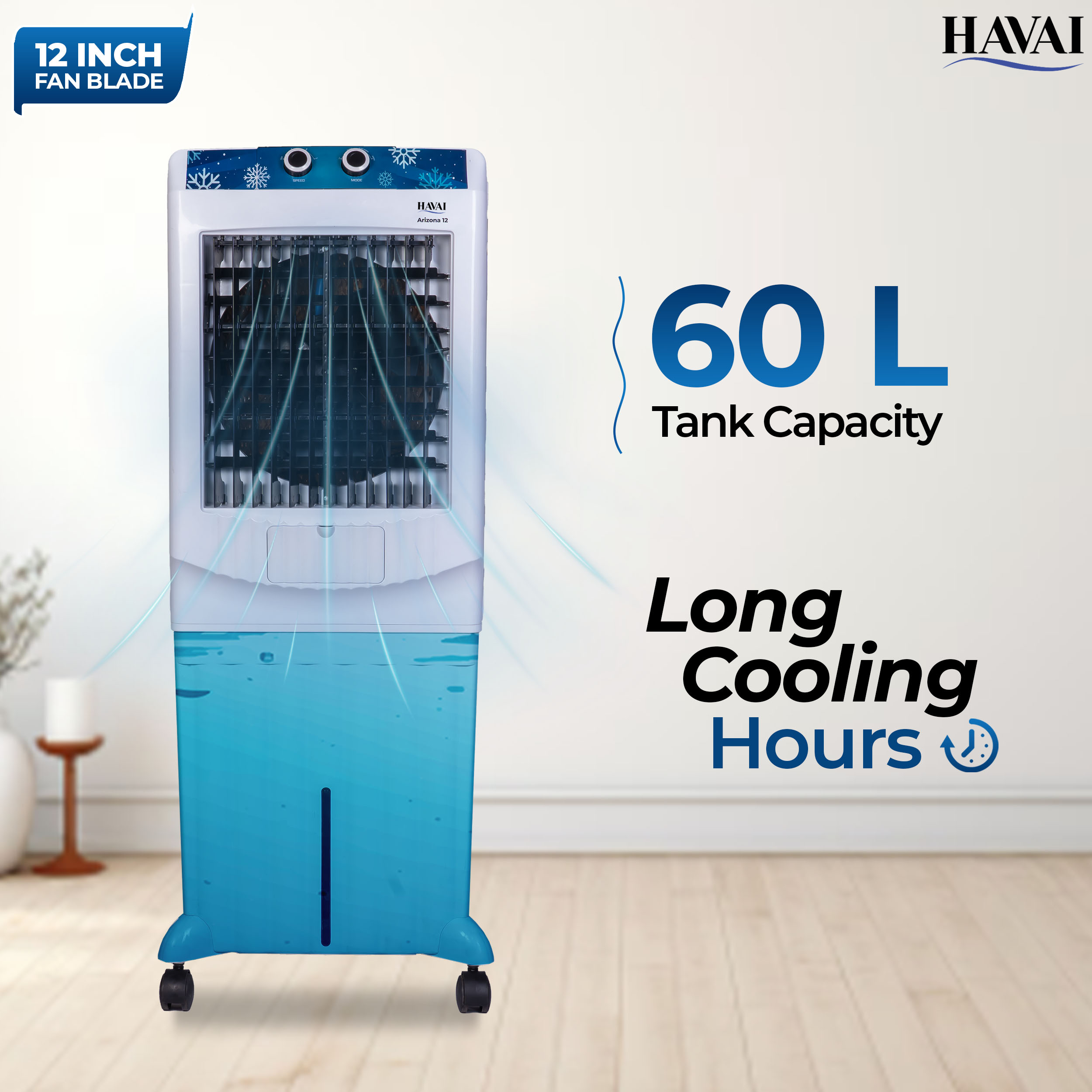 HAVAI Arizona 12 Personal Air Cooler | 12-Inch Fan | 60L Water Tank | Air Throw up to 8 Feet | 2000 m³/hr Air Delivery | 3-Side Honeycomb Pads | Motorised Louvers | Energy Efficient 120W | White