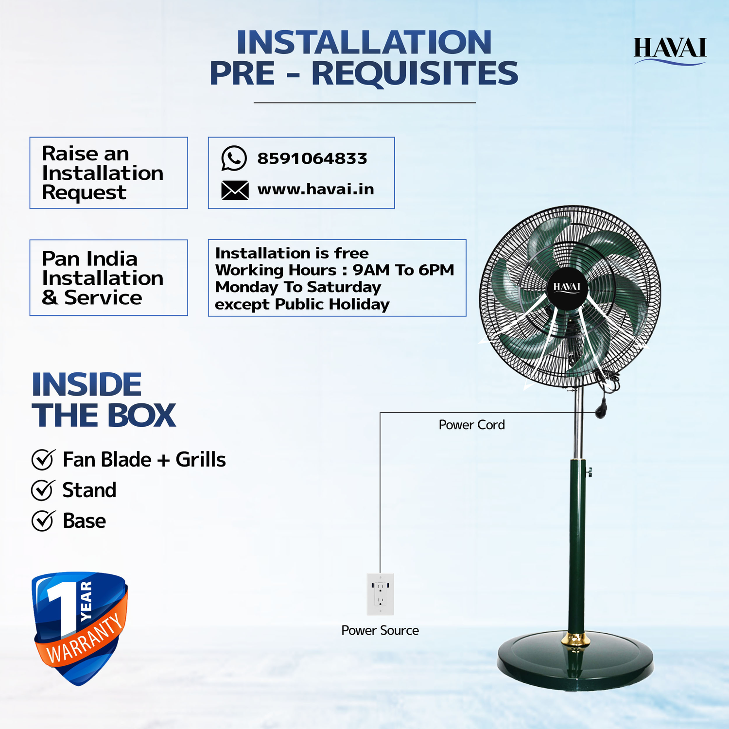 HAVAI BLDC 18" Pedestal Fan, Soundless, 50% Savings On Electricity, High Velocity,For Commercial And Residential Use, Assembly Included , Green - Without Remote