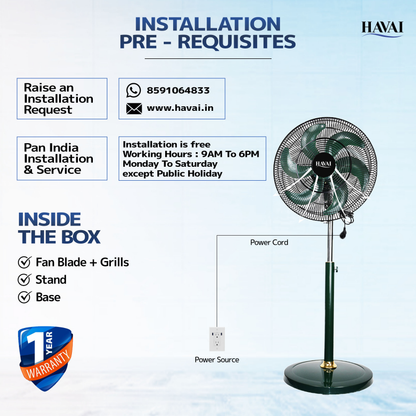 HAVAI BLDC 18" Pedestal Fan, Soundless, 50% Savings On Electricity, High Velocity,For Commercial And Residential Use, Assembly Included , Green - Without Remote