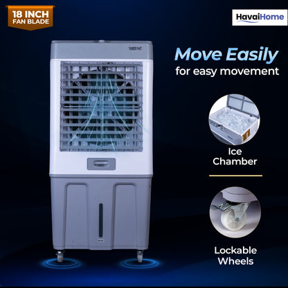 HAVAI Thunder 18+ GT Desert Cooler | 18” Aluminium Blade | 100L Tank | 3-Side Honeycomb Pads | 20 Ft Air Throw | Heavy-Duty 110mm Motor | Auto Swing | White &amp; Grey
