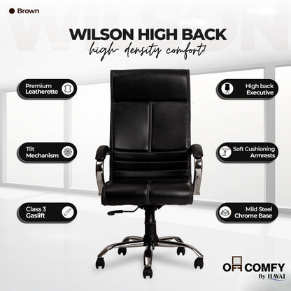 Nova High Back Office Chair | Premium Leather | Ergonomic Executive Chair with Single Lock Tilt Mechanism |  Chrome Steel Base &amp; Arms | Class 4 Gaslift | 50mm Casters  | High-Density Cushioned Seat &amp; Back (Black)