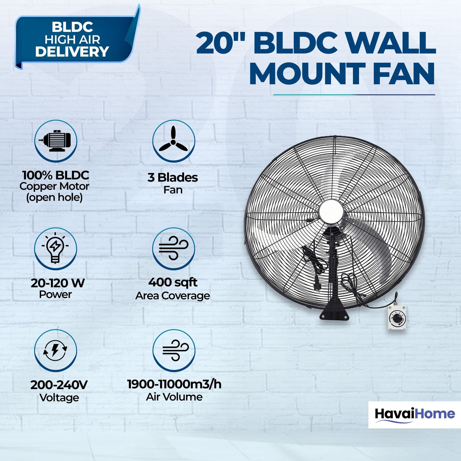20" BLDC High-Speed Wall-Mount Fan – 3-Blade Design, Energy Efficient (20W-120W), 700-1400 RPM, 11,000 M³/Hr Airflow, 45-Foot Air Throw, 4-Speed Control, 2-Year Warranty