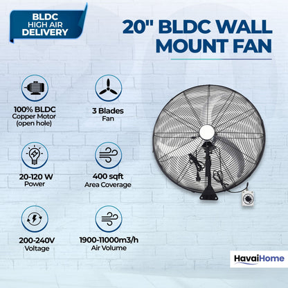 20" BLDC High-Speed Wall-Mount Fan – 3-Blade Design, Energy Efficient (20W-120W), 700-1400 RPM, 11,000 M³/Hr Airflow, 45-Foot Air Throw, 4-Speed Control, 2-Year Warranty