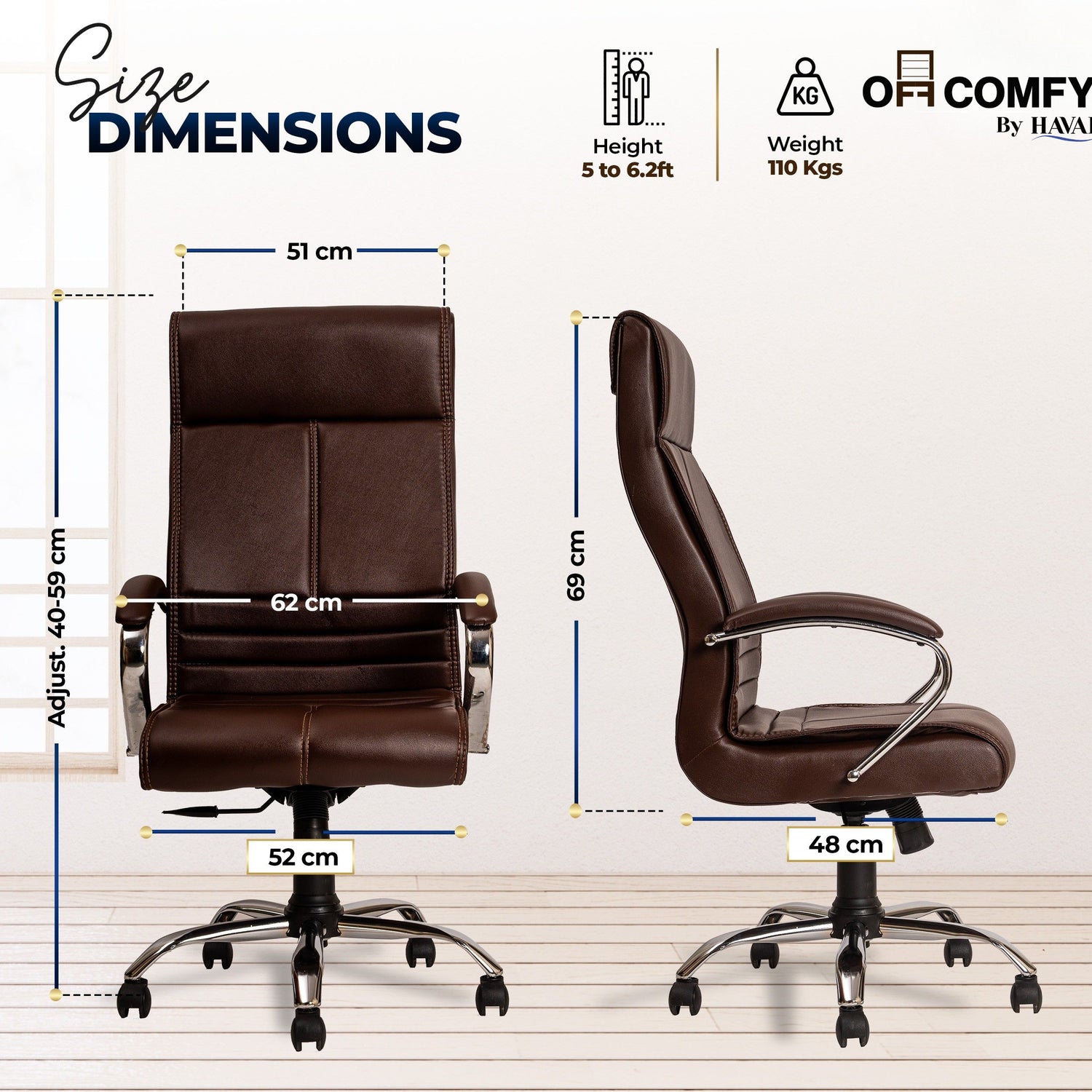 Nova High Back Office Chair | Premium Leather | Ergonomic Executive Chair with Single Lock Tilt Mechanism |  Chrome Steel Base &amp; Arms | Class 4 Gaslift | 50mm Casters  | High-Density Cushioned Seat &amp; Back (Brown)