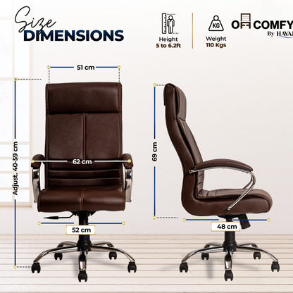 Nova High Back Office Chair | Premium Leather | Ergonomic Executive Chair with Single Lock Tilt Mechanism |  Chrome Steel Base &amp; Arms | Class 4 Gaslift | 50mm Casters  | High-Density Cushioned Seat &amp; Back (Brown)