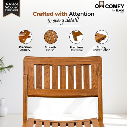 HAVAI Teakwood Foldable Balcony Furniture Set | 2 Chairs &amp; 1 Table | Premium Solid Teak Wood Outdoor Patio Set | Garden, Balcony, Terrace &amp; Cafe Furniture | Pre-Assembled Natural Wood Finish (BROWN)