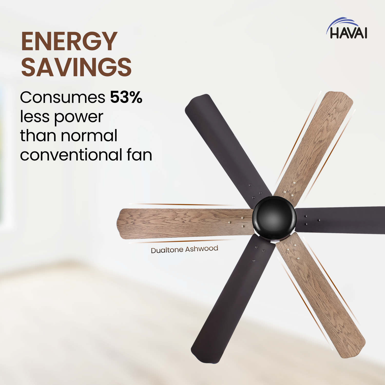 HAVAI Pristine Dualtone Range BLDC Ceiling Fan - 6 Blades - 35W, Ashwood and Smoke Brown 1200mm Blade with Remote (Black Motor – 0.5W LED)