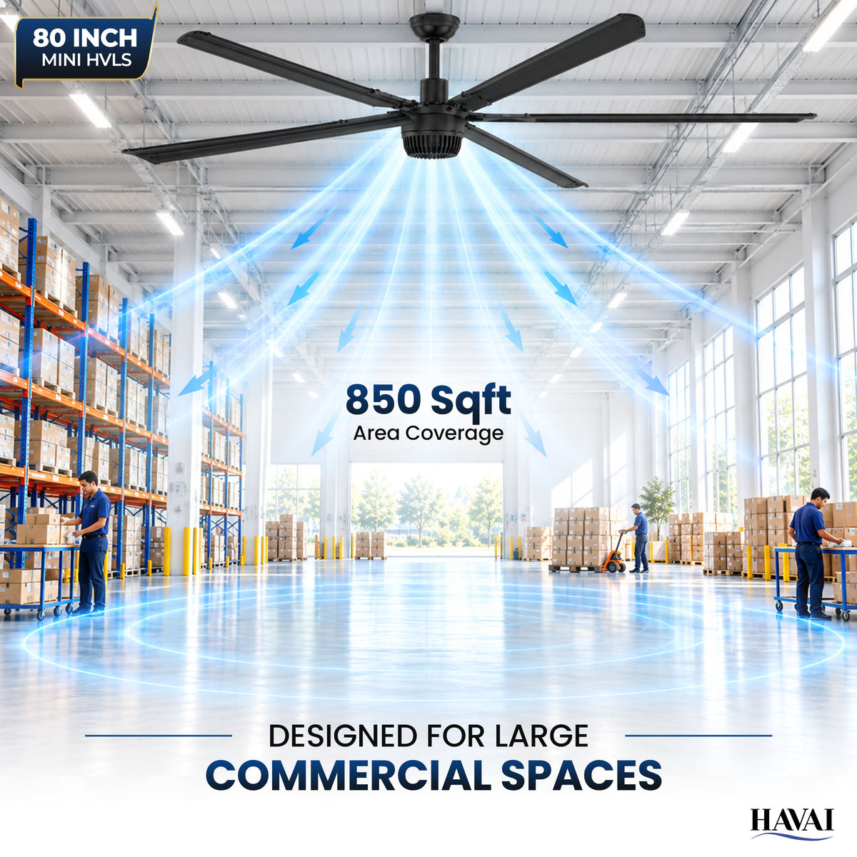 Havai Mini HVLS BLDC Ceiling Fan 80 Inch, 6500 CFM Commercial 95W BLDC Motor, 6,500 CFM Air Volume, 130 RPM, 850 Sq. Ft. Coverage, 5 Aluminium Blades, 18W 3-Colour Light, Remote