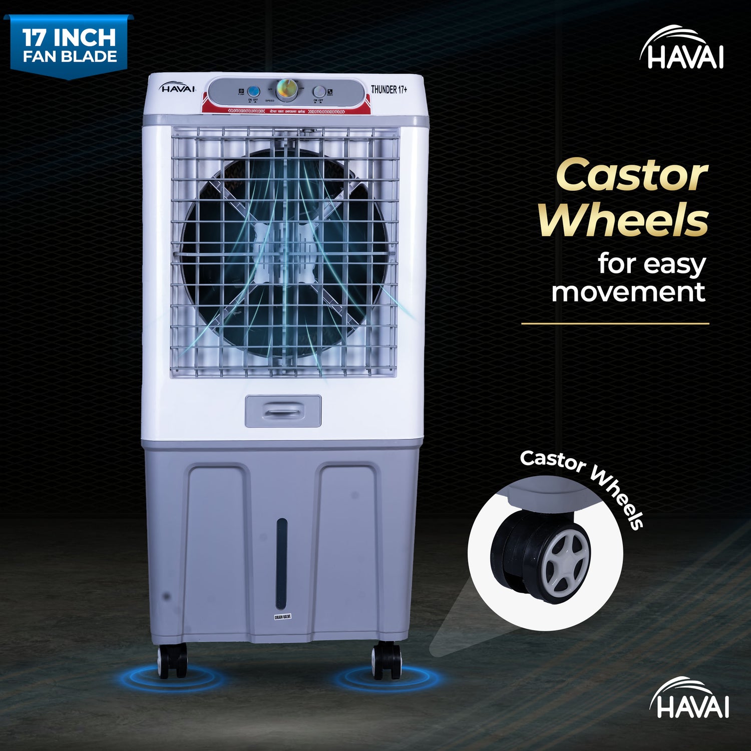 HAVAI Thunder 17+ Desert Cooler | 100L Tank | 17-Inch Fan Blade | 3-Side Honeycomb Pads | Heavy-Duty 110 Dia 32mm Motor | Auto Swing | 1-Year Motor Warranty &amp; Post-Warranty Service | White &amp; Brown