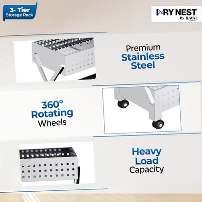 HAVAI Stainless Steel Multipurpose Storage Trolley with Wheels (Chrome, 3)