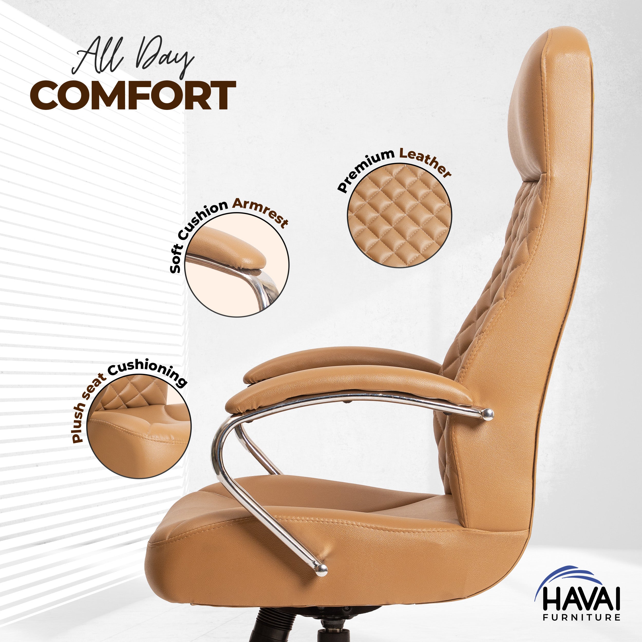 HAVAI Prime High Back Office Chair | Ergonomic Executive Chair |  Premium Leather | Single Lock Tilt Mechanism |  Mild Steel Chrome Base &amp; Arms | Class 4 Gaslift |  50mm Casters | High-Density Back &amp; Seat Cushion (Camel)
