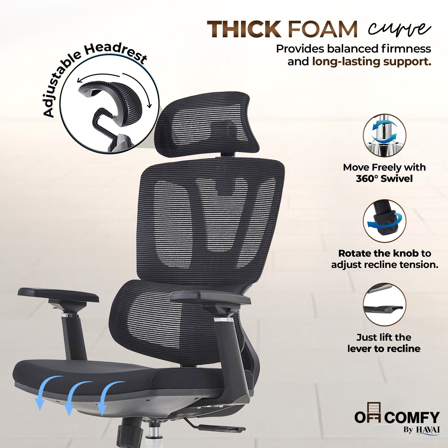 HAVAI Neo High Back Ergonomic Mesh Office Chair |  Multi-Lock Mechanism | Chrome Base | 3D Armrests with PU Pads  | Adjustable Headrest | Breathable Mesh Back (Black