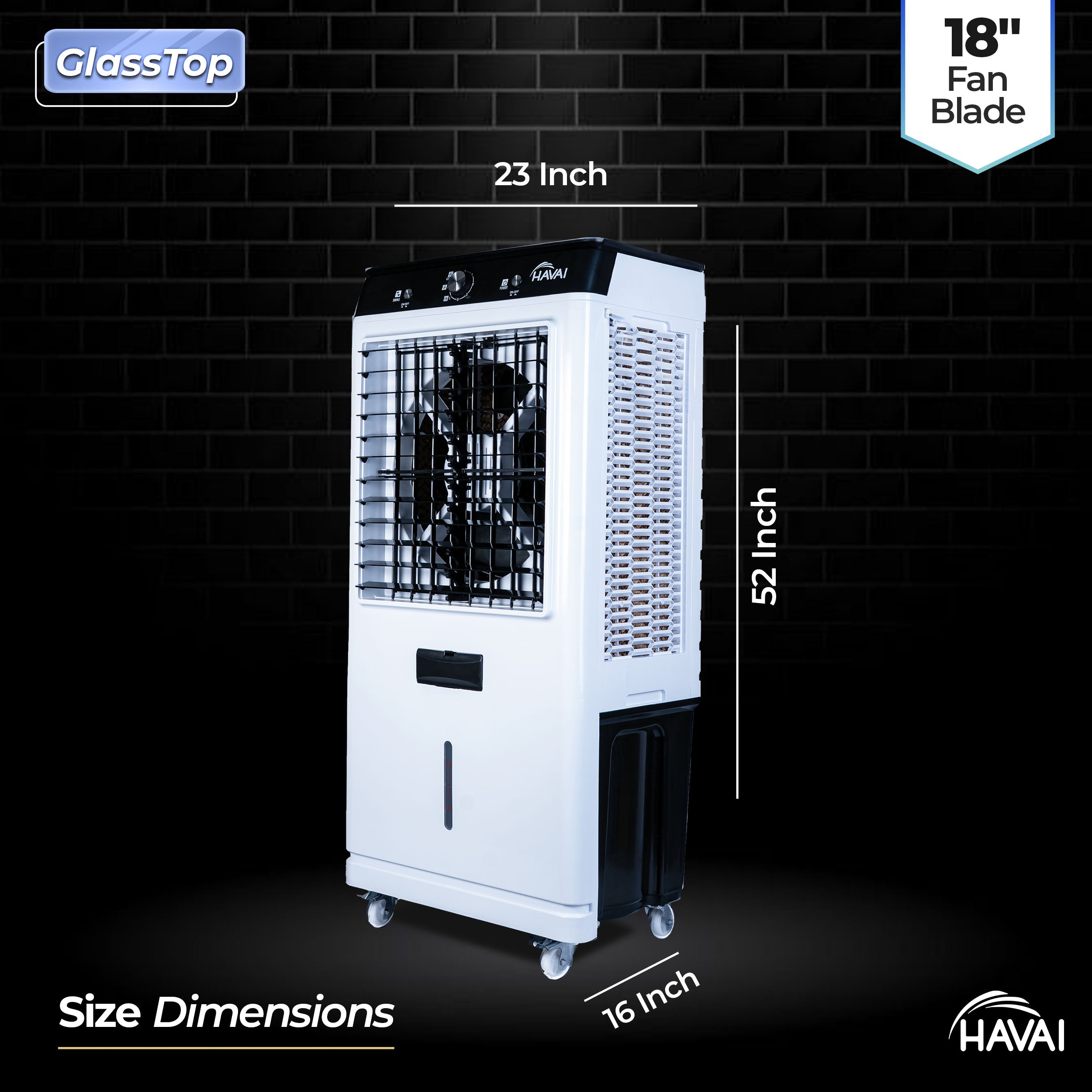 HAVAI Premium Glass Top GT 18 Air Cooler | 90L Tank Capacity | 18&quot; Fan Blade | 250W Power | 75ft Air Throw | 3-Side Honeycomb Cooling | Sleek Glass Top Design | 4 Castor Wheels