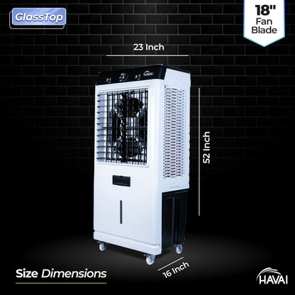 HAVAI Premium Glass Top GT 18 Air Cooler | 90L Tank Capacity | 18&quot; Fan Blade | 250W Power | 75ft Air Throw | 3-Side Honeycomb Cooling | Sleek Glass Top Design | 4 Castor Wheels