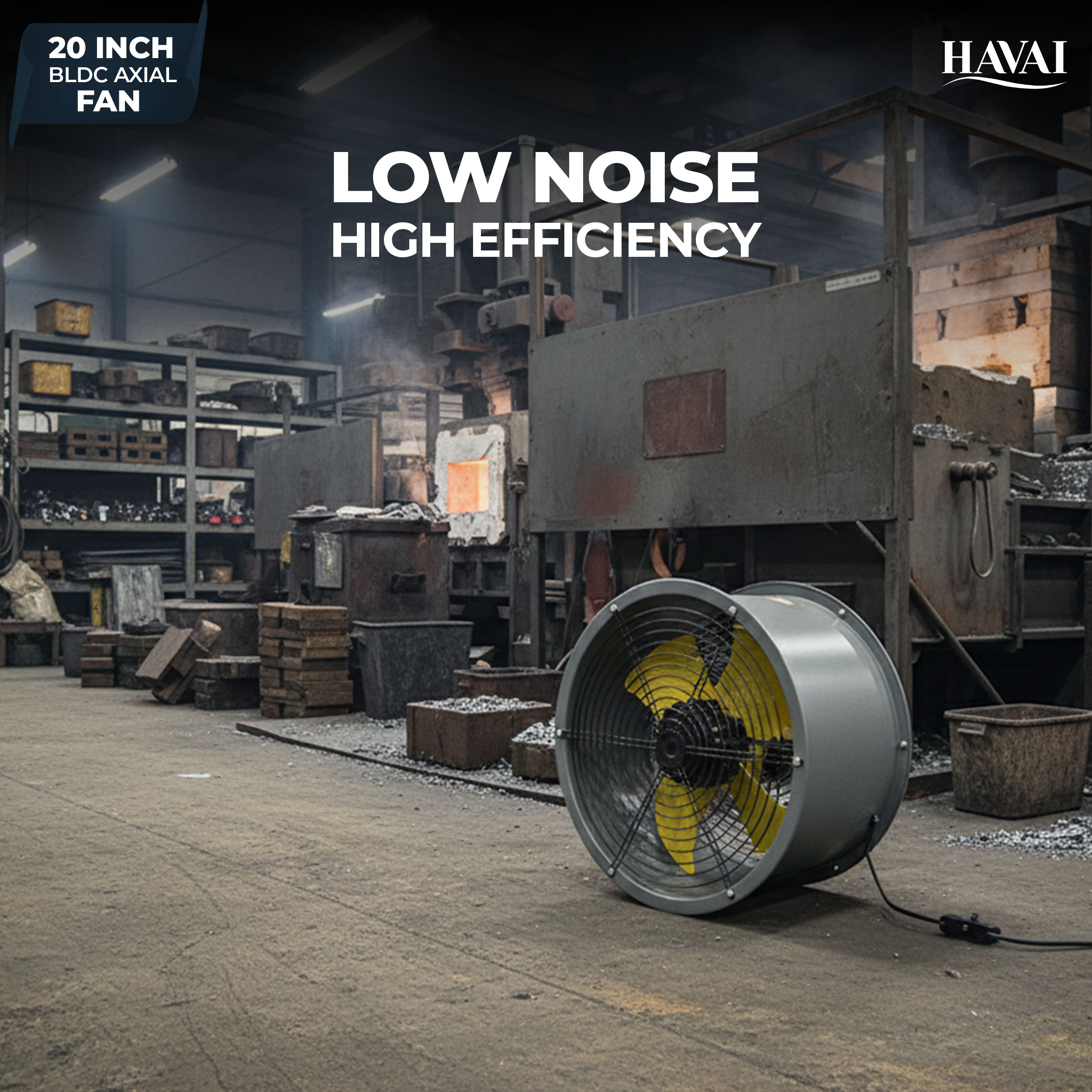 Havai 20-Inch Heavy Duty BLDC Axial Fan | Maintenance-Free BLDC Motor | 4-Leaf 2mm Aluminium Blades | 9-Speed Digital Controller | 600–13,000 m³/hr | 35W–350W | 2-Year Warranty