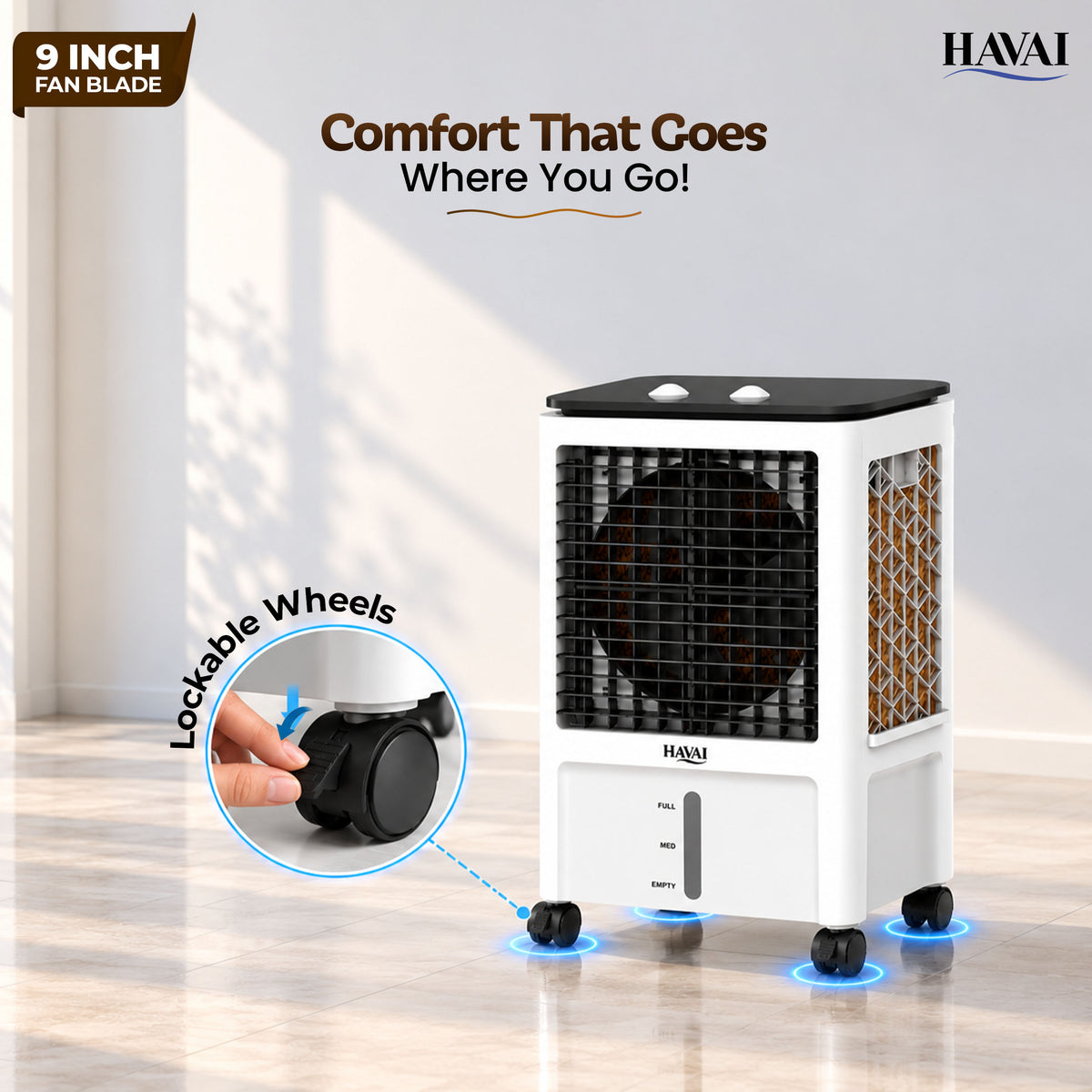 Havai Elite 9 Mini Personal Air Cooler, 15L Tank, 2600 RPM, 1800 CMH, 5-ft air throw, 3-side honeycomb pads, glass top, lockable wheels