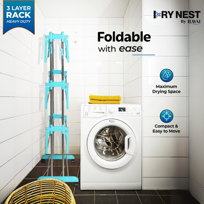 HAVAI DryNest 5.2 KG Premium Clothes Drying Stand with Wheels | Heavy-Duty Rust-Free Steel &amp; Strong Steel Rods | 3-Layer Foldable Jumbo Rack | Portable &amp; Balcony-Friendly