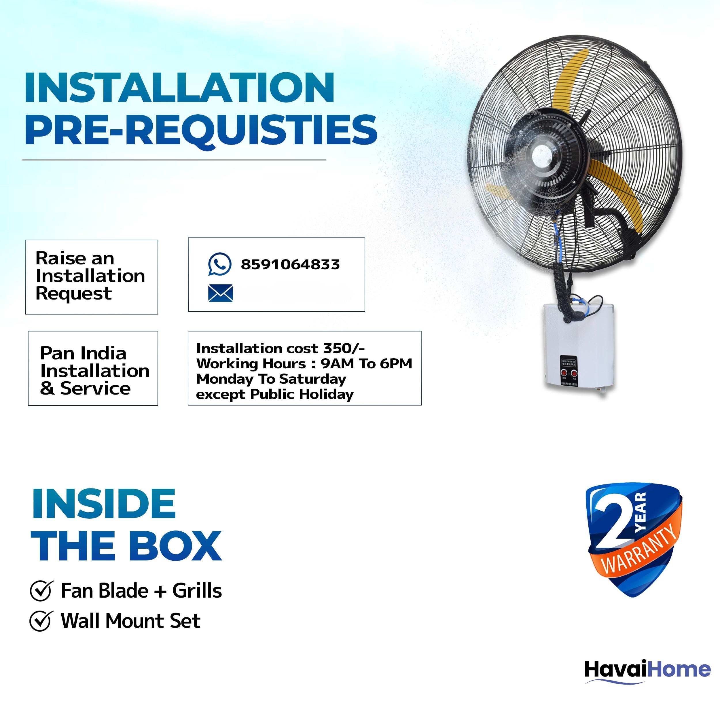 26" BLDC Wall-Mount Mist Fan – 450 Sq. Ft. Coverage, 12L Tank, 1300-9000 M³/Hr Airflow, 4-Speed Control, Yellow &amp; Black, 2-Year Warranty