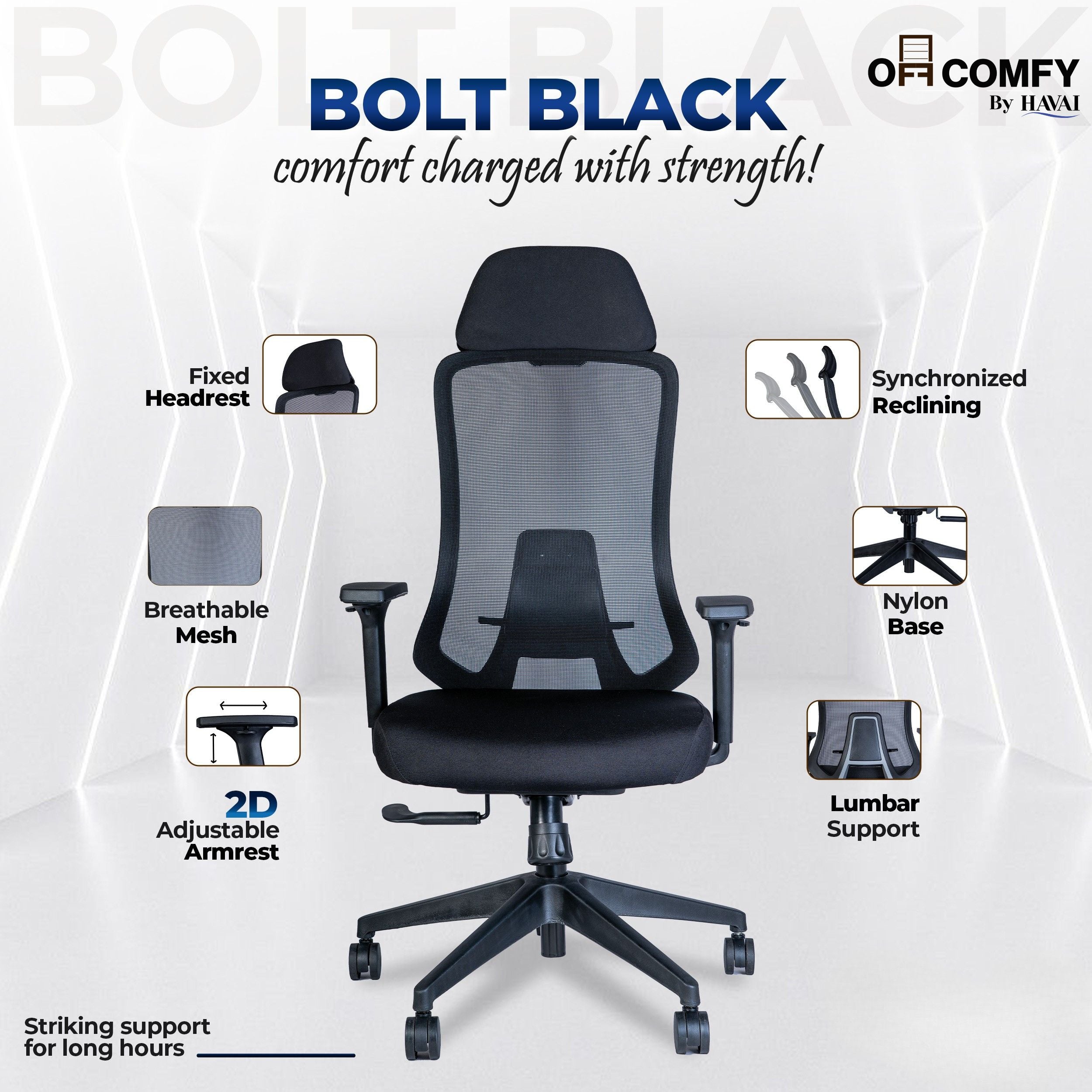 Off Comfy by HAVAI - Bolt Black Ergonomic Office Chair |  Yuva Mesh Back | 4D Arms with PU Pad | 1D Lumbar Support |  Auto Weight Mechanism with 4-Point Lock | Seat Slider | Crystal Chrome Base | 60mm Castors