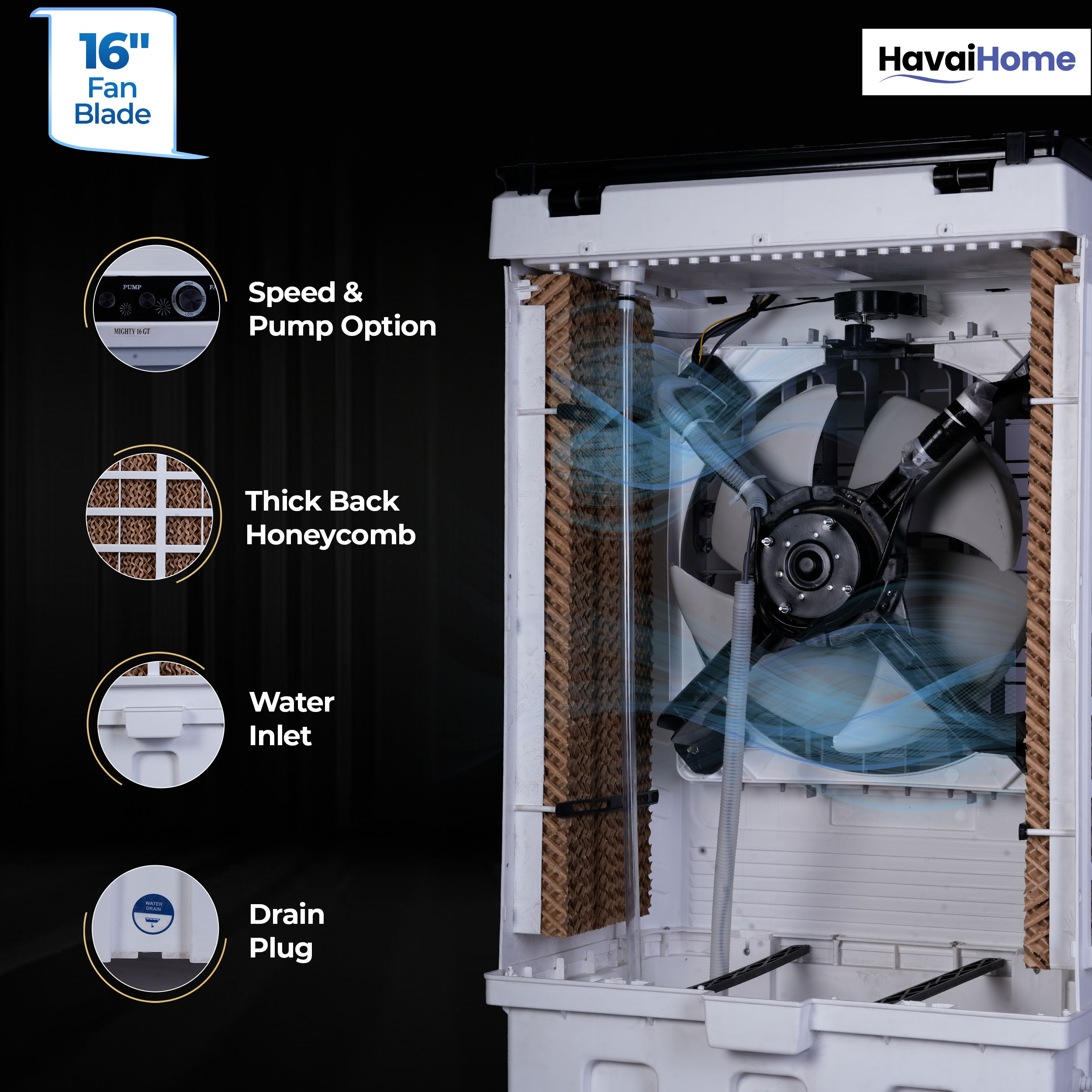 HAVAI Mighty 16 GT Glass Top Desert Air Cooler for Home &amp; Commercial Use | 16 Inch Fan, 100L Tank, 5190 m³/hr Air Delivery | 350 Sq Ft Coverage | Honeycomb Pads, Aluminium Motor, Low Noise | White &amp; Grey
