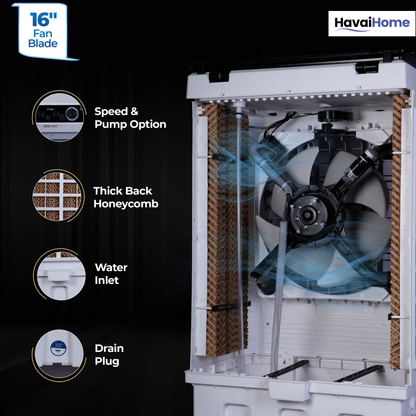 HAVAI Mighty 16 GT Glass Top Desert Air Cooler for Home &amp; Commercial Use | 16 Inch Fan, 100L Tank, 5190 m³/hr Air Delivery | 350 Sq Ft Coverage | Honeycomb Pads, Aluminium Motor, Low Noise | White &amp; Grey