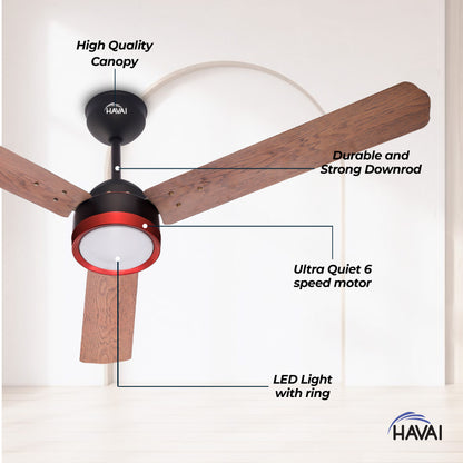 HAVAI Spinel BLDC Ceiling Fan with Decorative Ring | 1200mm, 3 Blades, 27W | Remote Control &amp; 9W LED Light | 2 Years Warranty | Smoky Brown