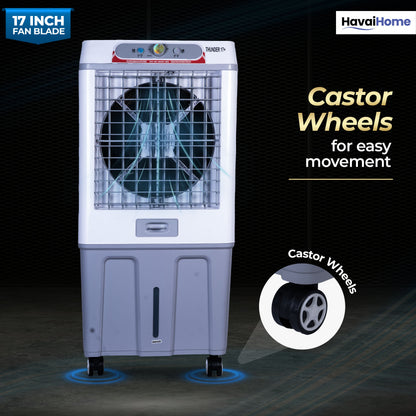 HAVAI Thunder 17+ Desert Cooler | 100L Tank | 17-Inch Fan Blade | 3-Side Honeycomb Pads | Heavy-Duty 110 Dia 32mm Motor | Auto Swing | 1-Year Motor Warranty &amp; Post-Warranty Service | White &amp; Brown