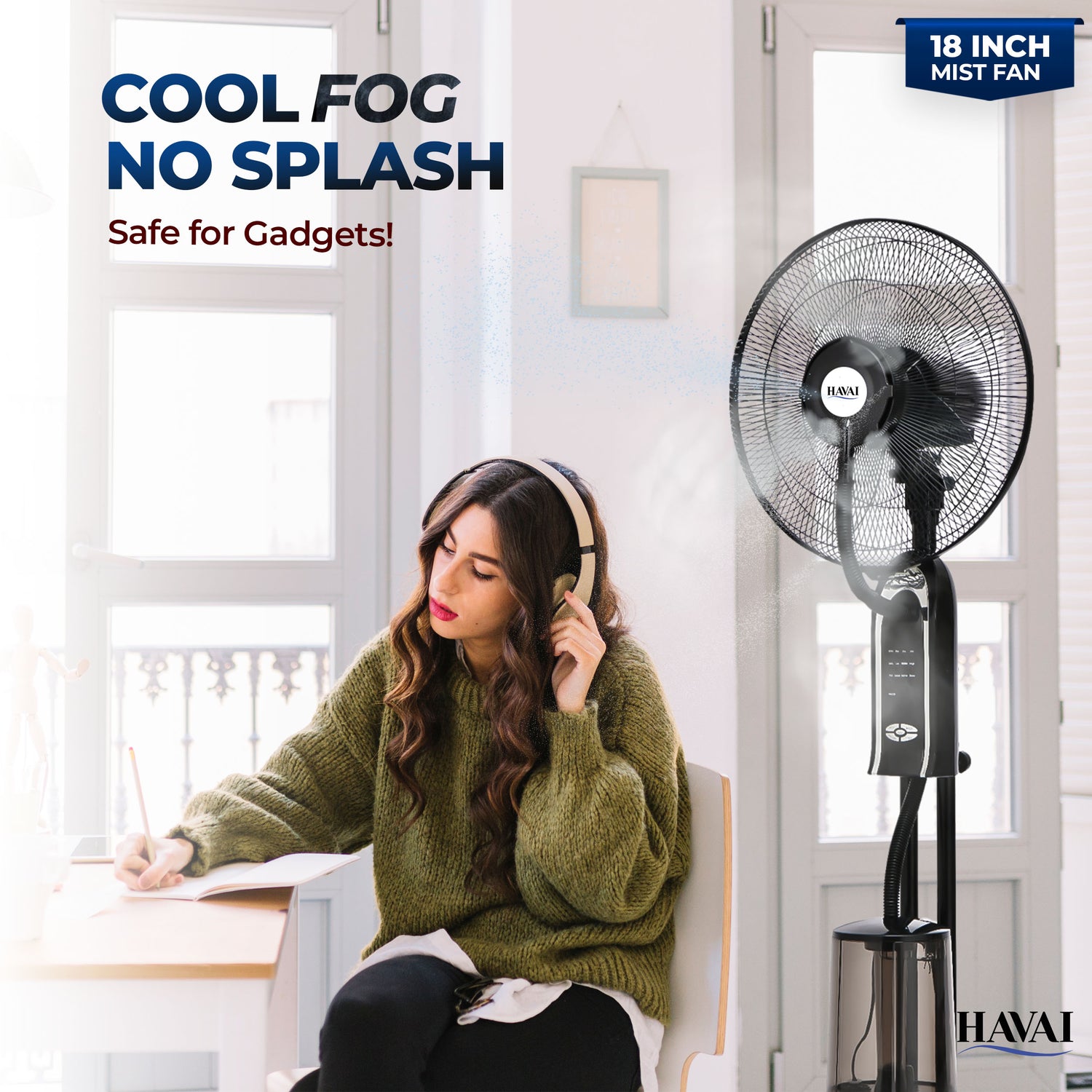 HAVAI RED 18" BLDC Mist Pedestal Fan – High-Speed, Remote &amp; Touch Control, 3.2L Tank, 80W Power, 350 Sq Ft Coverage, Easy Install, Black (Copy)