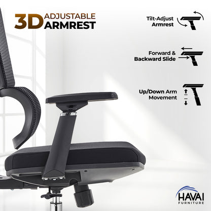 HAVAI Flexi High Back Black Mesh Ergonomic Office Chair |  Multi-Lock Synchro Tilt | Aluminium Base | Class 4 Gaslift | Seat Slider | 3D Adjustable Armrests | 50mm Casters | Premium Mesh Back &amp; Fabric Seat(Black)