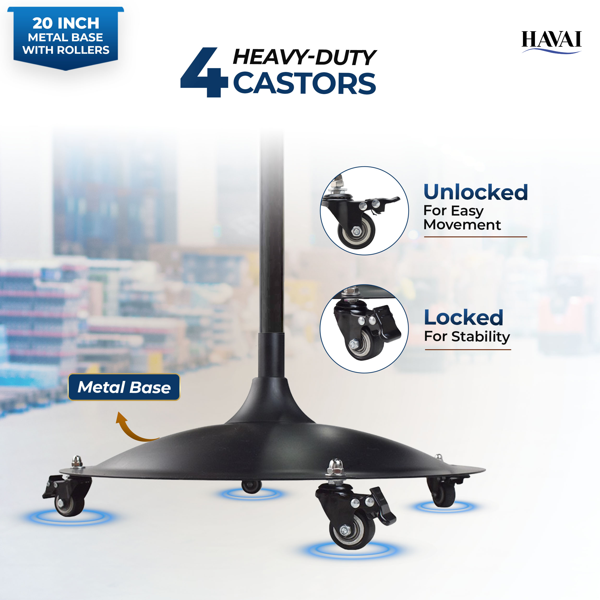 Havai 20-Inch Commercial BLDC Pedestal Fan (20–120W) | 2mm Aluminium Blades | Metal Base with 4 Lockable Industrial Wheels | Fingerproof Safety Grill | 4-Speed | 2-Year On-Site Warranty