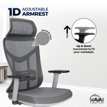 HAVAI Pulse High Back Ergonomic Mesh Office Chair |  Multi-Lock Tilt Mechanism | Chrome Base| Breathable Mesh Back | Fixed Headrest (Grey)