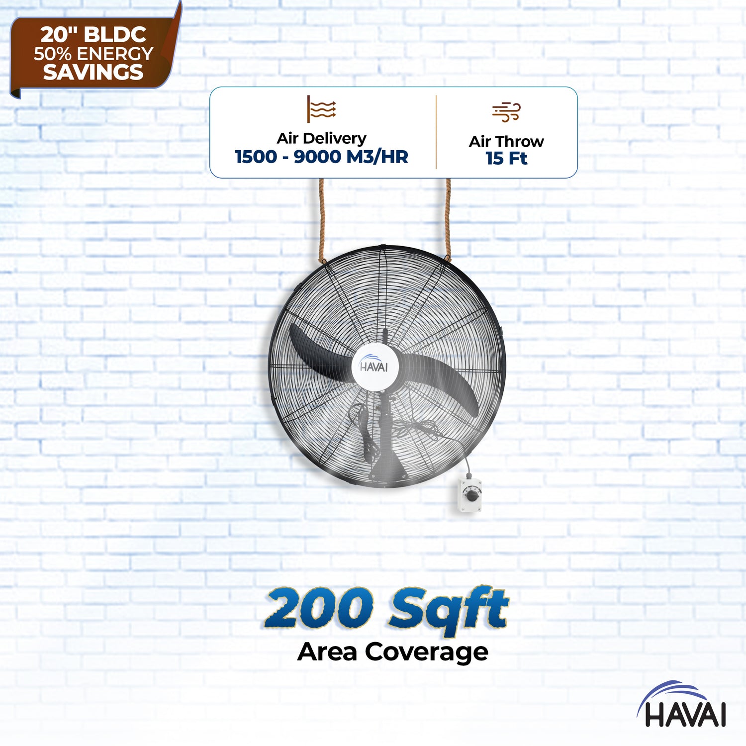 Havai BLDC Wall Mount Fan 20 Inch, 50% Savings On Electricity, High Velocity, Heavy Duty Metal For Industrial, Commercial And Residential Use, Assembly Included , Black