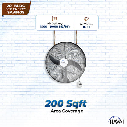 Havai BLDC Wall Mount Fan 20 Inch, 50% Savings On Electricity, High Velocity, Heavy Duty Metal For Industrial, Commercial And Residential Use, Assembly Included , Black