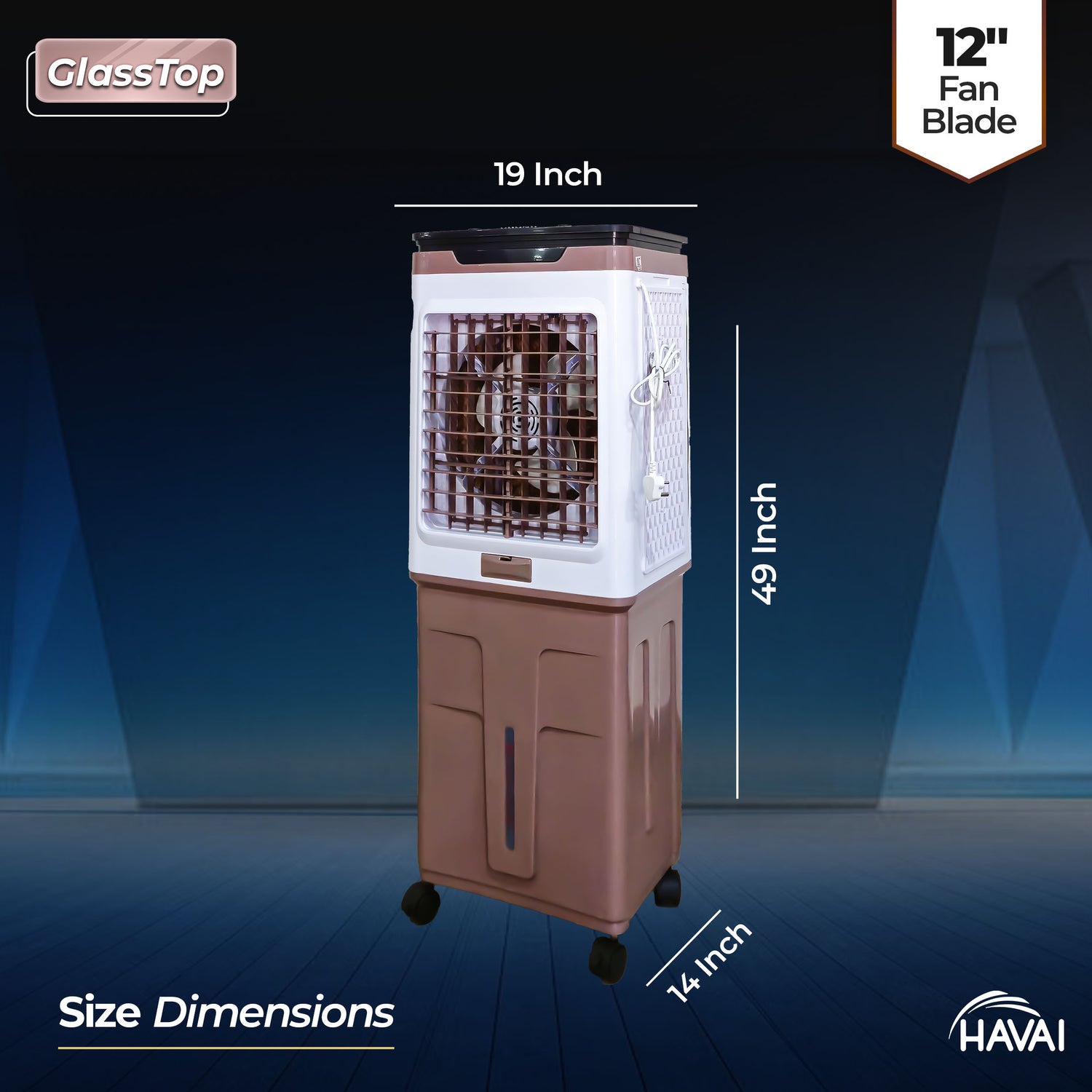 HAVAI Premium Glass Top GT 12+ | 12&quot; Fan Blade | 70 Litre Tank Capacity | 160W Power | 15ft Air Throw | 3-Side Honeycomb Cooling | Sleek Glass Top Design | 4 Castor Wheels